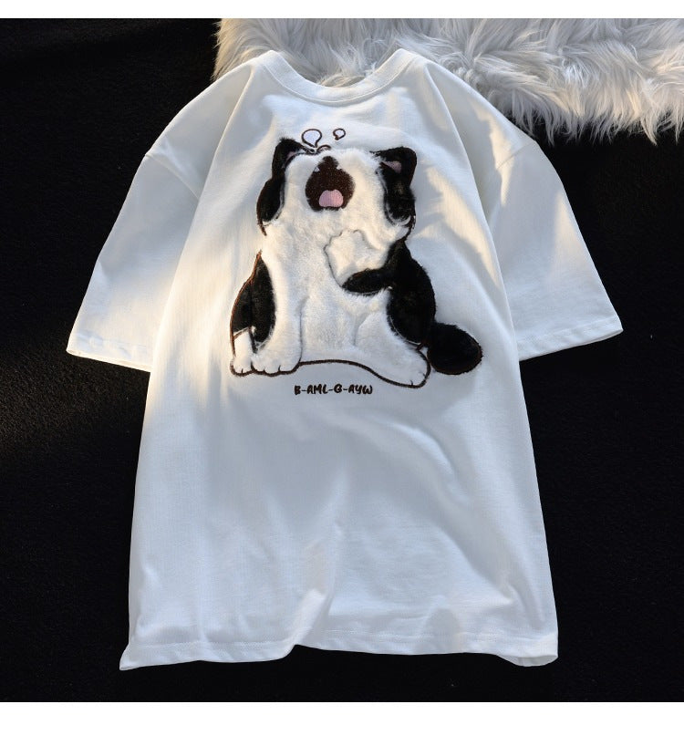 Japanese-style Retro Sleepy Cat Flocking Short Sleeve