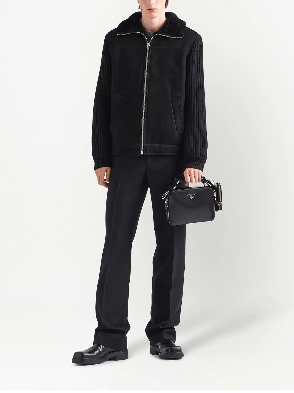 logo-patch shearling zip-up jacket