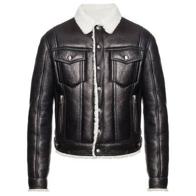 Black Luxurious Designer Leather Jacket w/ Shearling Collar - Maceo