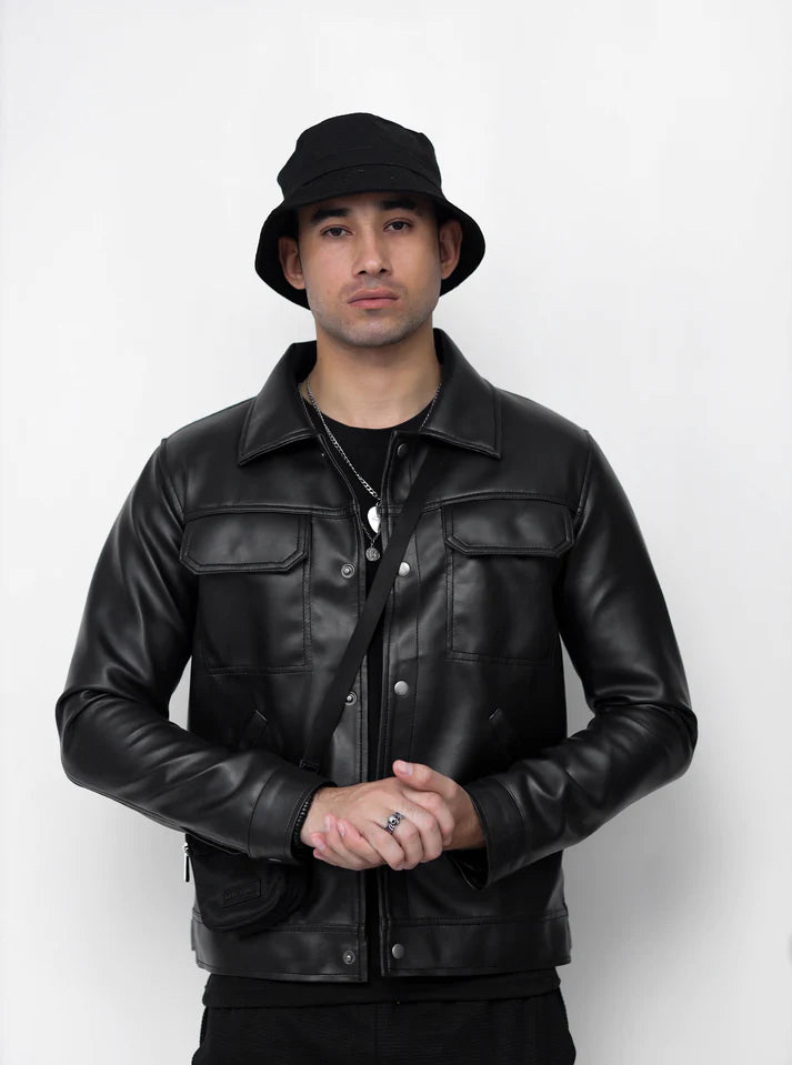 Dual Pocket Basic Faux Leather Jacket