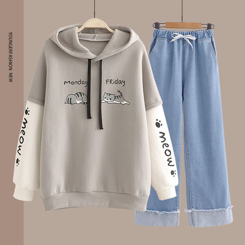 Spring Women's Clothing Student Hoodie Set Preppy-style Straight-leg Pants