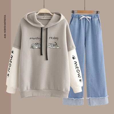 Spring Women's Clothing Student Hoodie Set Preppy-style Straight-leg Pants