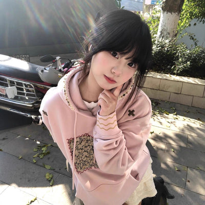 American Retro Patch Embroidery Hooded Sweatshirt Women