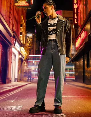 leather biker jacket with stud detail in black