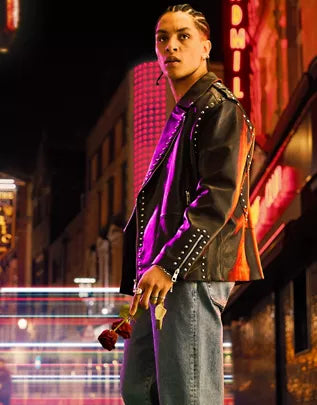 leather biker jacket with stud detail in black