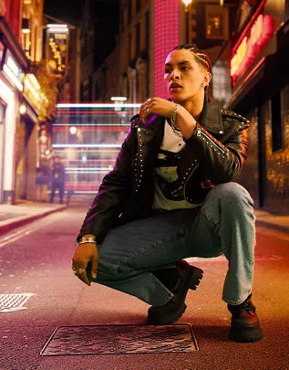 leather biker jacket with stud detail in black