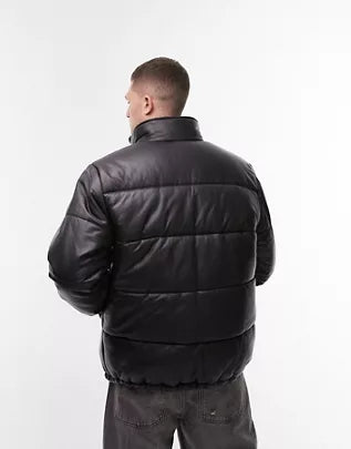 Topman leather puffer jacket in black