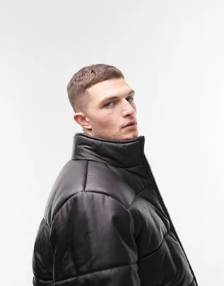 Topman leather puffer jacket in black