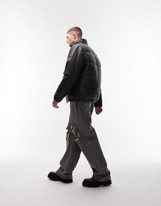 Topman leather puffer jacket in black