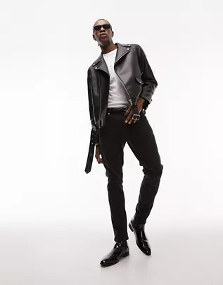 Topman faux leather belted biker jacket in black
