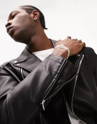 Topman faux leather belted biker jacket in black