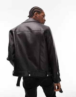 Topman faux leather belted biker jacket in black