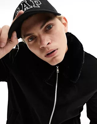 faux leather jacket with faux fur collar in black