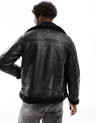 Pull&Bear faux leather aviator jacket with shearling lining in black