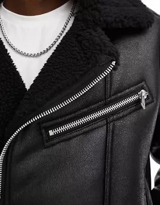 Pull&Bear faux leather aviator jacket with shearling lining in black