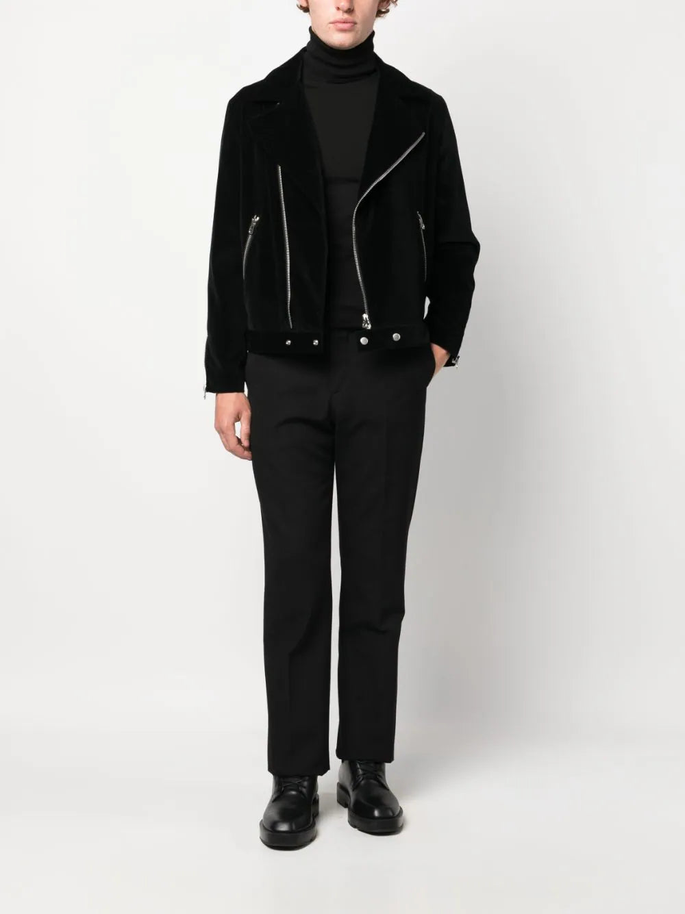 zip-up velvet biker jacket