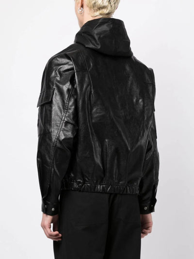 zip-up hooded leather jacket