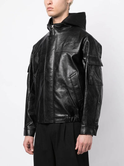 zip-up hooded leather jacket