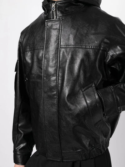 zip-up hooded leather jacket