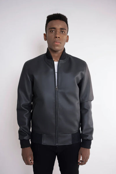 Basic Ribbed Edge Faux Leather Jacket