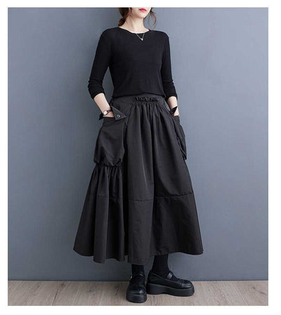 Loose Slimming Workwear Large Pocket Large Hem High Waist Pleated Skirt