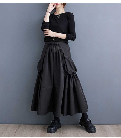 Loose Slimming Workwear Large Pocket Large Hem High Waist Pleated Skirt