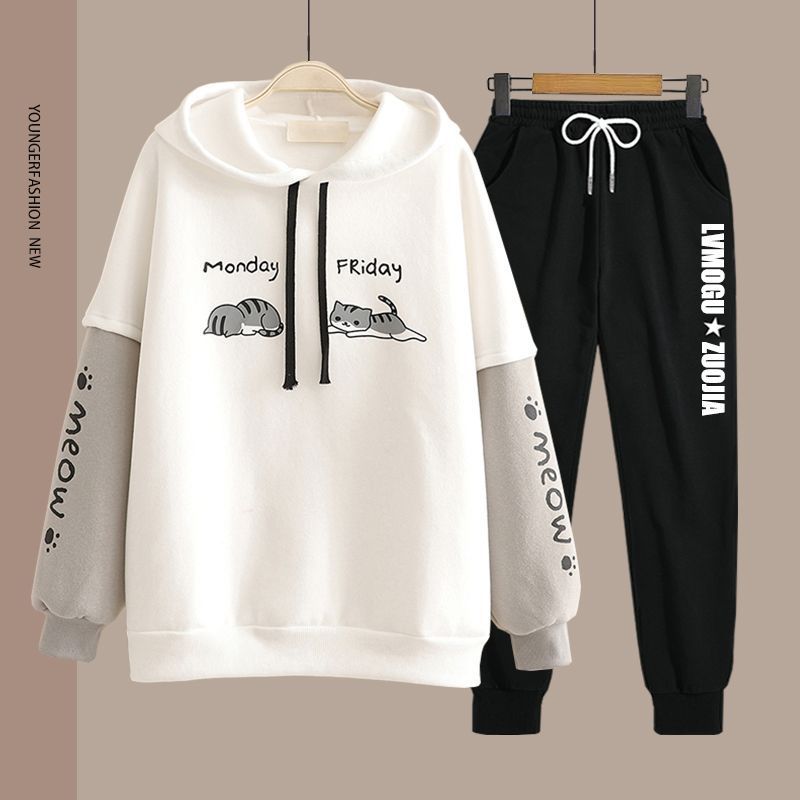 Spring Women's Clothing Student Hoodie Set Preppy-style Straight-leg Pants