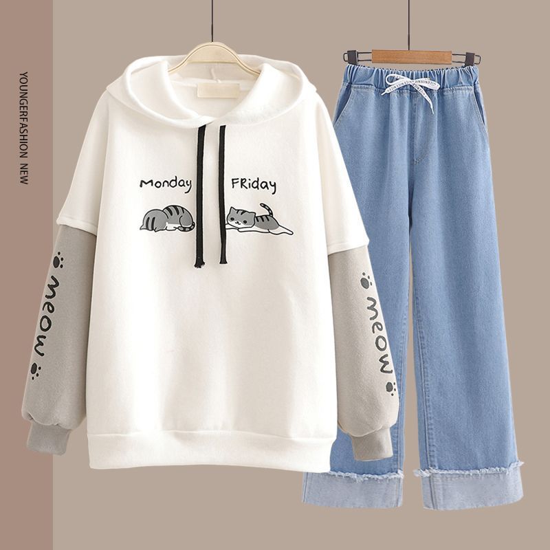 Spring Women's Clothing Student Hoodie Set Preppy-style Straight-leg Pants