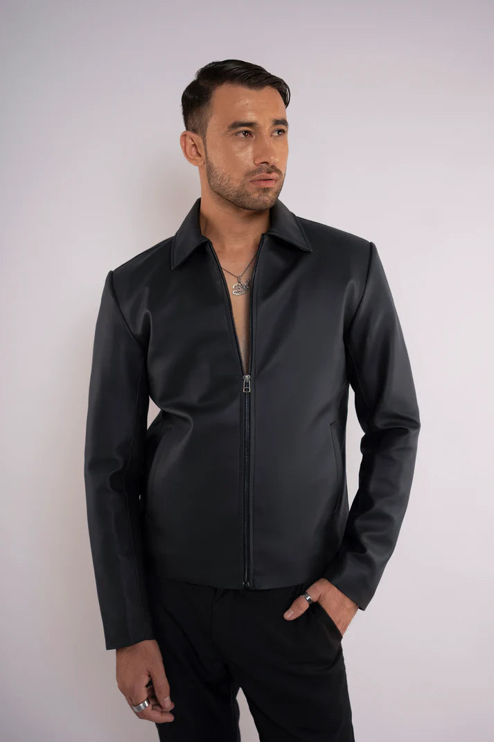 Black Zipper Basic Faux Leather Jacket