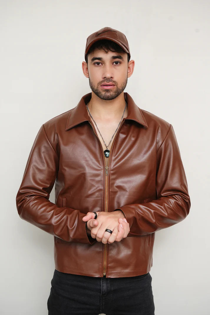 Brown Zipper Basic Faux Leather Jacket