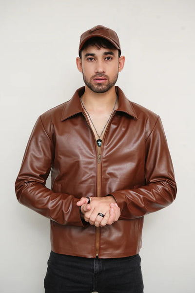 Brown Zipper Basic Faux Leather Jacket