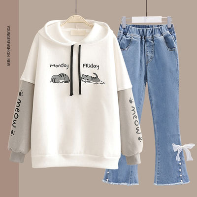 Spring Women's Clothing Student Hoodie Set Preppy-style Straight-leg Pants