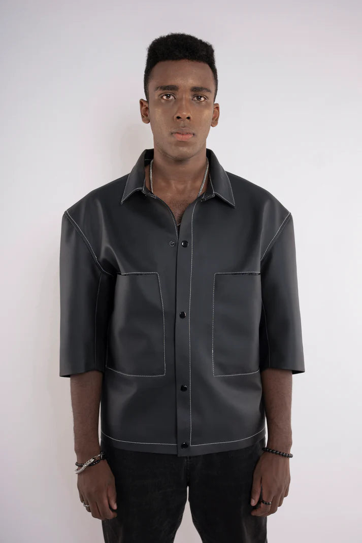 Oversized Threadwork Faux Leather Shirt