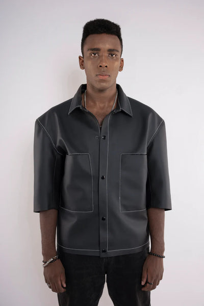 Oversized Threadwork Faux Leather Shirt