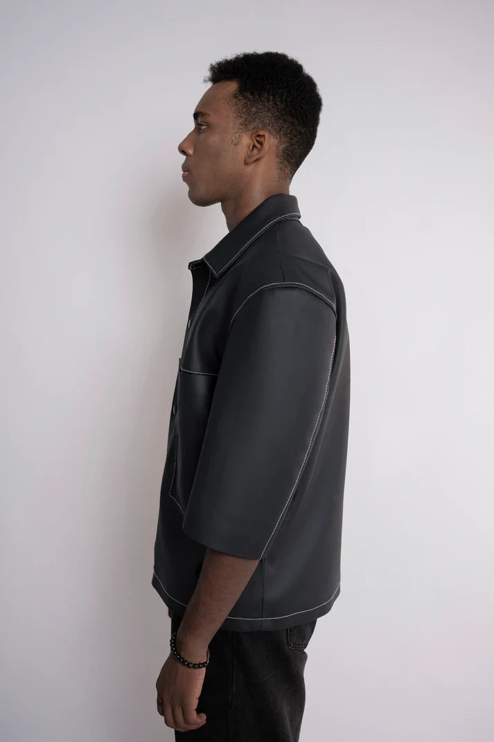 Oversized Threadwork Faux Leather Shirt