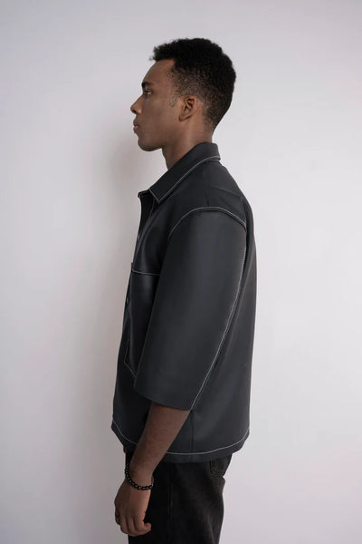 Oversized Threadwork Faux Leather Shirt