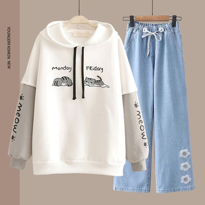 Spring Women's Clothing Student Hoodie Set Preppy-style Straight-leg Pants