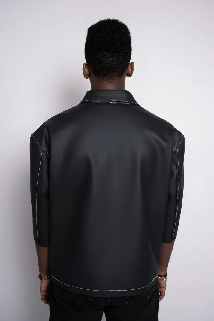 Oversized Threadwork Faux Leather Shirt