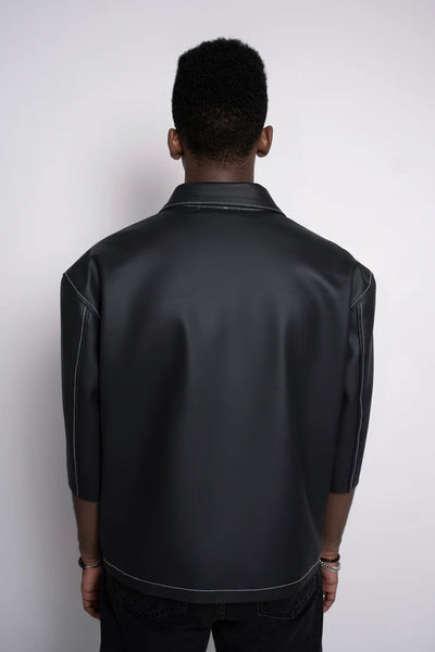 Oversized Threadwork Faux Leather Shirt