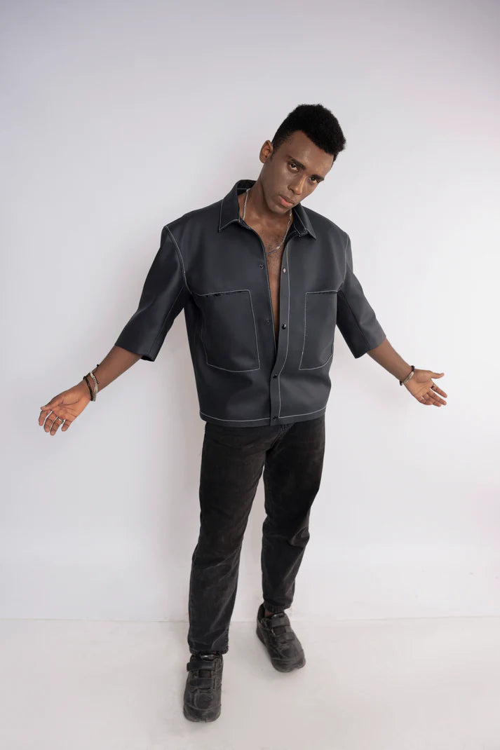 Oversized Threadwork Faux Leather Shirt