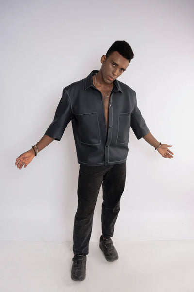 Oversized Threadwork Faux Leather Shirt