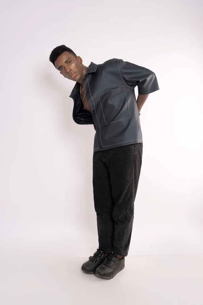 Oversized Threadwork Faux Leather Shirt