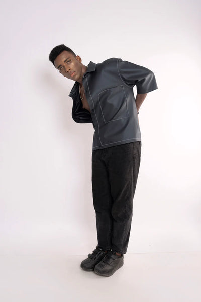 Oversized Threadwork Faux Leather Shirt