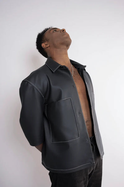 Oversized Threadwork Faux Leather Shirt