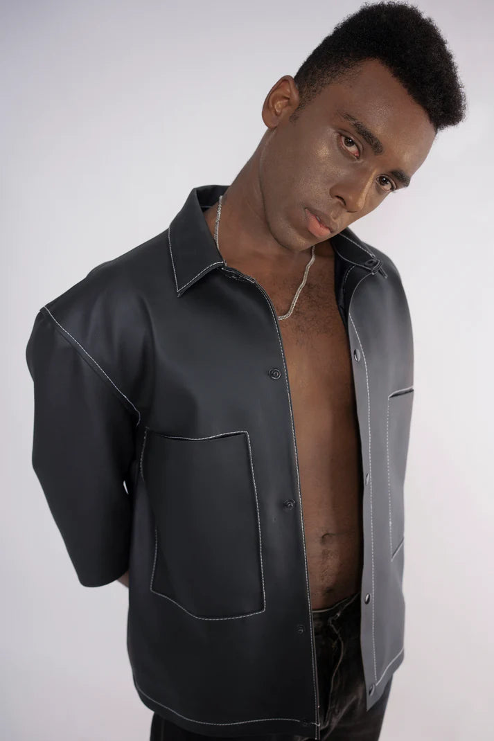 Oversized Threadwork Faux Leather Shirt