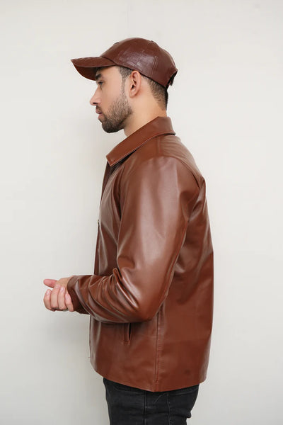 Brown Zipper Basic Faux Leather Jacket