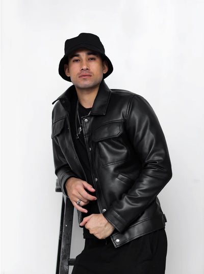 Dual Pocket Basic Faux Leather Jacket