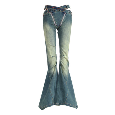 Slim Fit Hollow High Waist Pleated Placket Hot Girl Denim Bell-bottom Pants