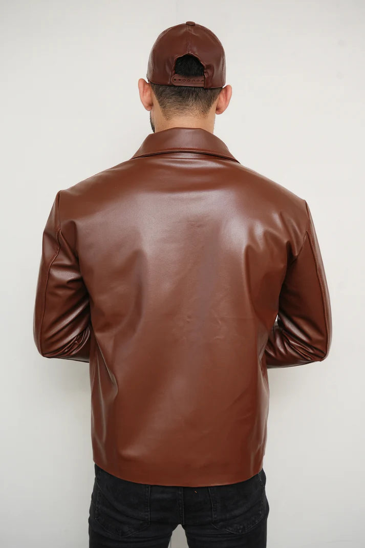 Brown Zipper Basic Faux Leather Jacket