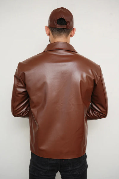 Brown Zipper Basic Faux Leather Jacket